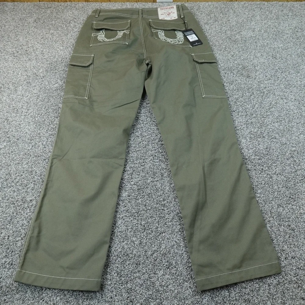 NEW True Religion Pants Mens 34X32 Green Cargo Baggy White Contrast Stitch Y2K